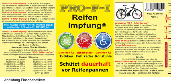 PRO-F-I Reifen-Impfung® E-Bike, Pedelec, Fahrrad, Mountainbike, Rollstuhl, E-Scooter 400ml